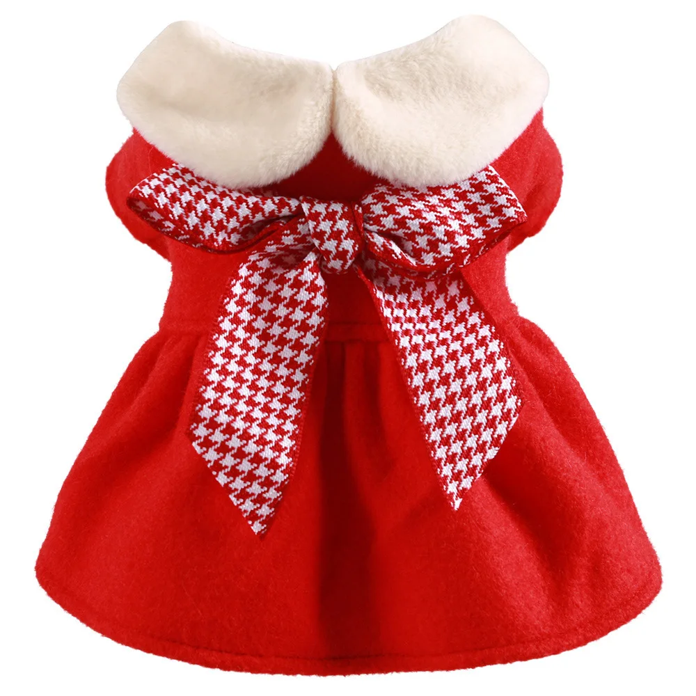 Houndstooth Bow Pet Dress Winter Warm Dog Christmas Clothes Padded Dog