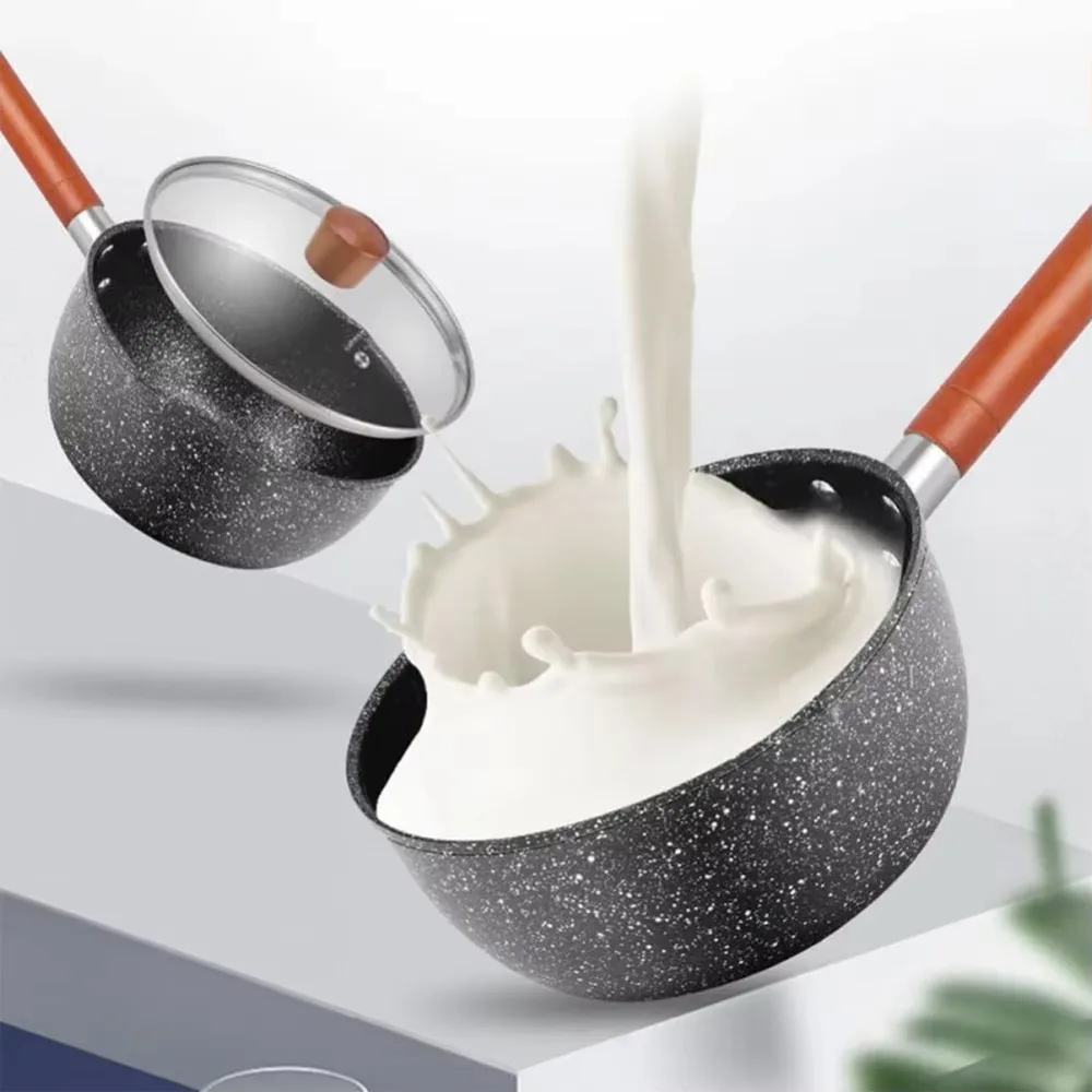 Cookware Non-Stick Milk Pot with Lid and Pour Spout Wood Handle Soup Pot Flat Bottom Japanese Style Cooking Saucepan Noodles