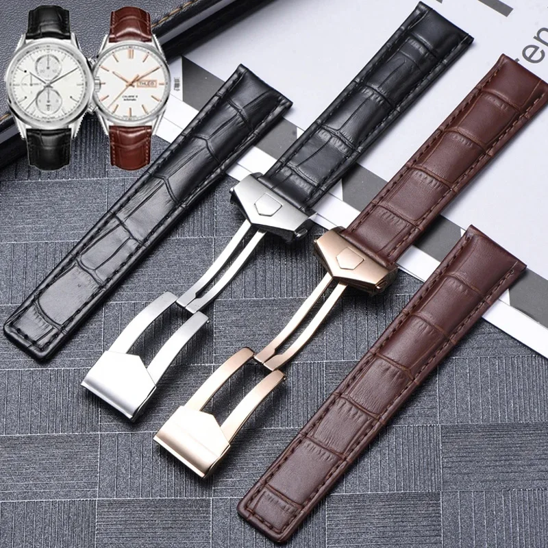 Genuine Leather Watch Strap - Black & Brown Adjustable Bracelet
