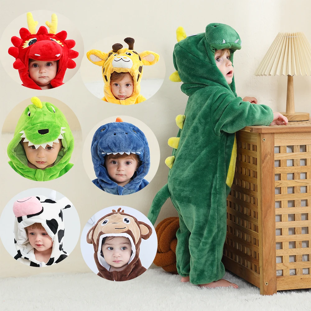 Cosplay Costumes Children Pajamas Winter Halloween Dinosaur Kigurumi Cosplay Clothes Hooded Animal Cow Monkey Unicorn Onesies Baby Thick Romper Newborn Jumpsuit