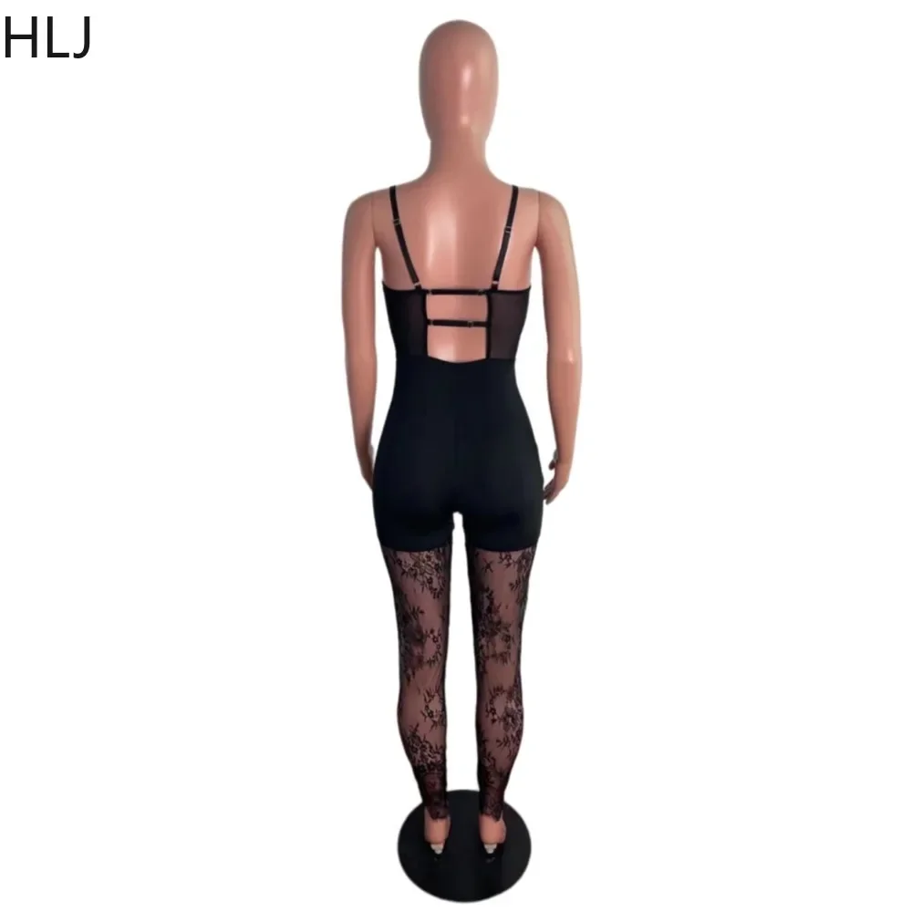 HLJ Black Sexy Mesh Perspective Corset Rompers Women V Neck Lace Thin Strap Sleeveless Backless Bodycon Nightclub Jumpsuits 2023