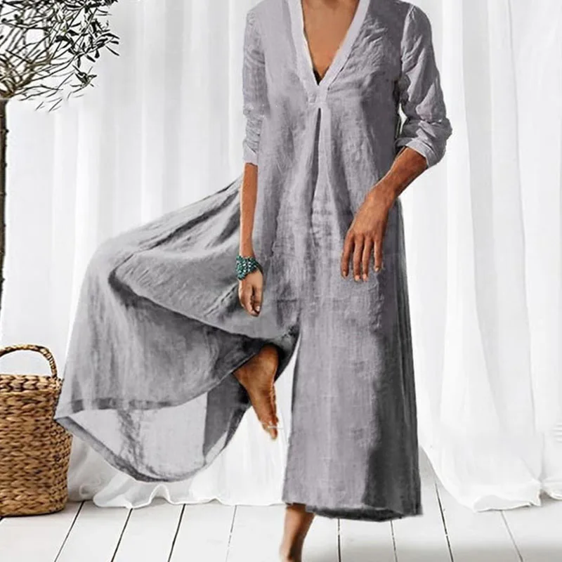 

Spring Vintage Loose Solid Color V-Neck Jumpsuits Women One Piece Cotton Linen Wide-Leg Pants Harajuku Casual Pullover Jumpsuit
