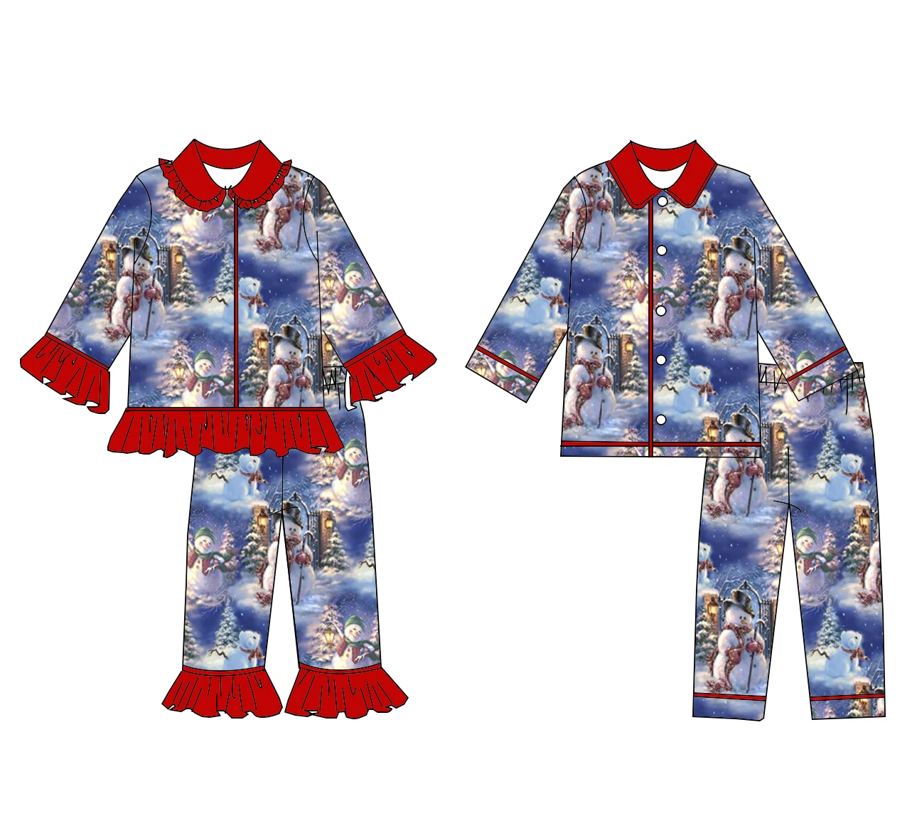 Christmas boutique children's suit long-sleeved trousers lace girls boys pajamas suit snowman cartoon print clothing