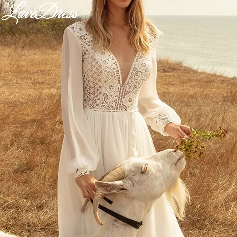 Robe de mariée Boho en mousseline de soie, col en V profond, manches longues lanterne, appliques en dentelle, ceinture simple, robe de mariée, train dos nu