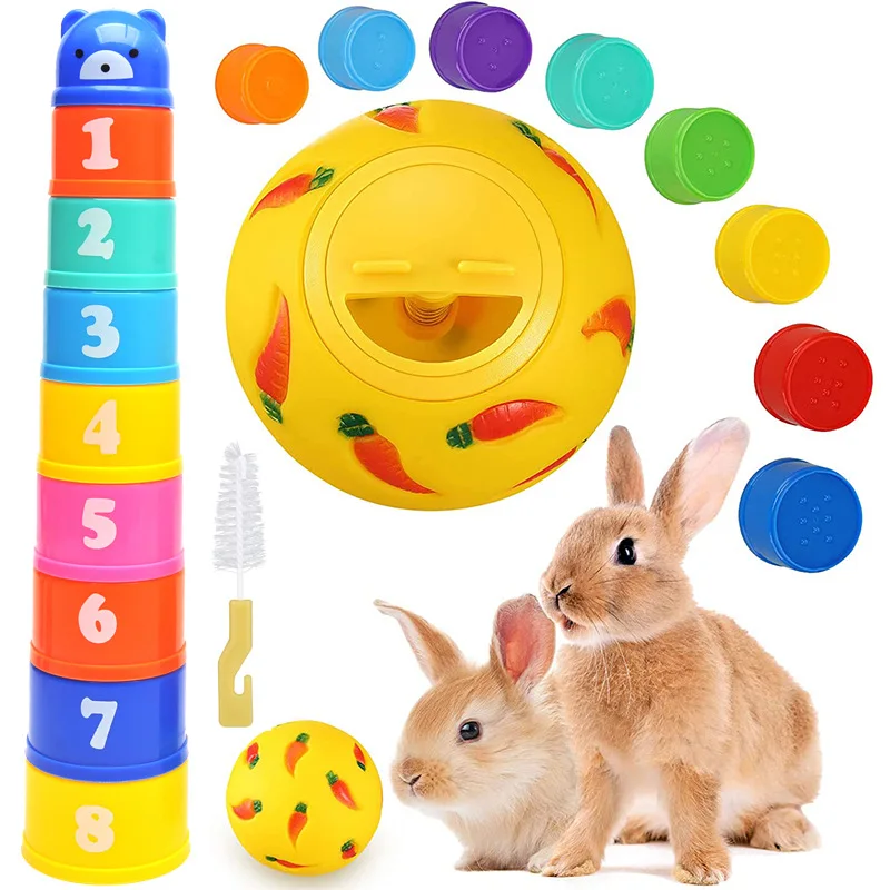 Pet supplies rabbit toys colorful stacked cup set puzzle and fun food searching food leakage ball