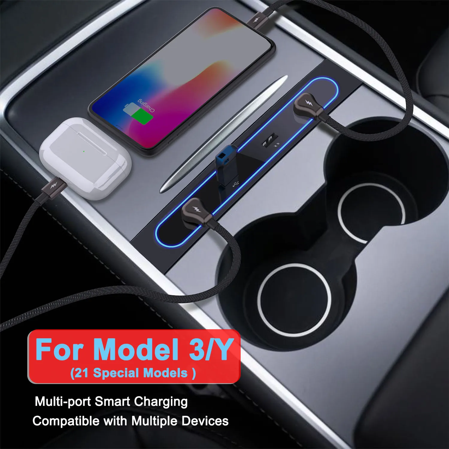 

For Tesla Model 3 2021 Model Y 27W Quick Charger Smart Docking Station for Tesla Model Y USB Shunt Hub Interior Accessories