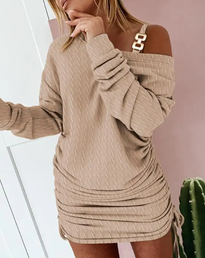 

Dress for Women Autumn Casual Drawstring Ruched Long Sleeve Chain Decor Textured Fashion Mini Bodycon Dresses Women's Skirts