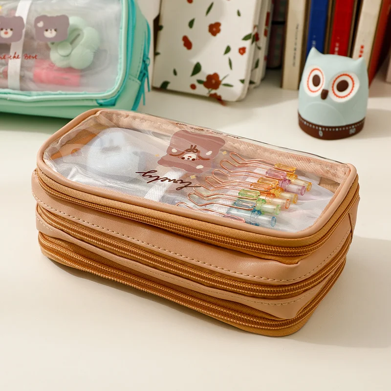 Cute Pencil Bag Transparent PVC Student Cartoon Pencil Case Large Capacity Kawaii Bag Korean Stationery