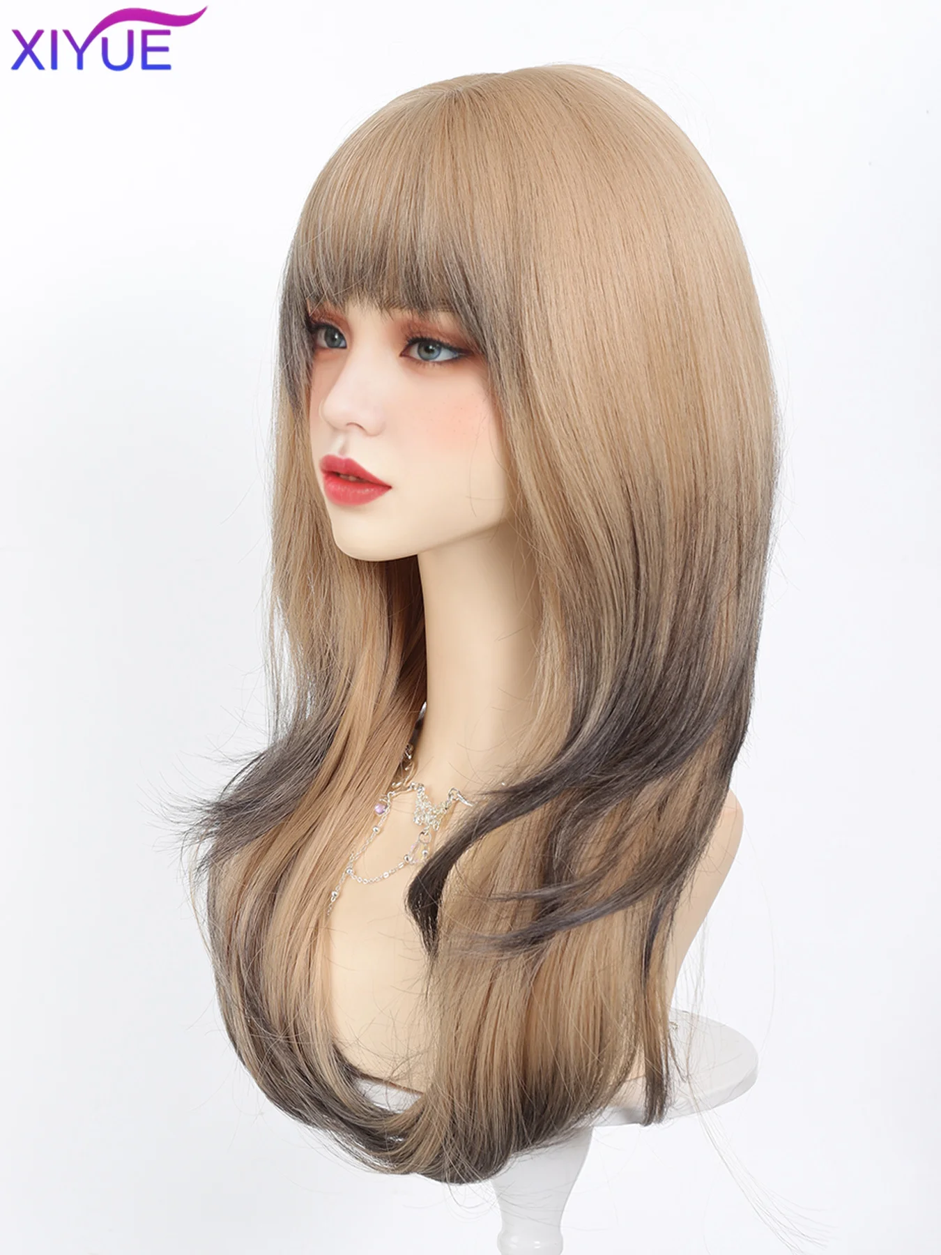 Platinum Blonde Ombre Long Synthetic Wigs with Bangs Straight Layered Cosplay Party Wigs for Women Natural Hair Heat Resistant