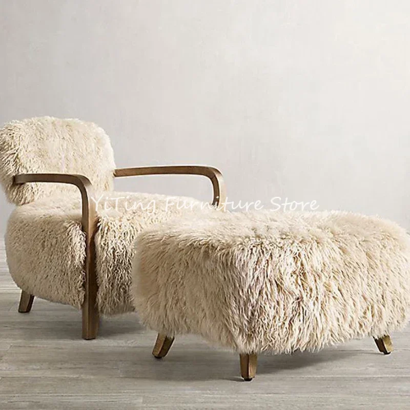Nordic Solid Wood Imitation Wool Leisure Living Room Chair Modern Simple Designer Lazy Single Sofa Chair Sillas Furniture