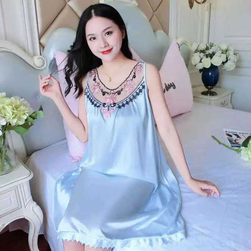 Women's Nightgowns Silk Satin Sleepwear Sleeveless Strap Nightdress Lace Nightwear Ladies Loungewear pajamas pyjamas Homewear