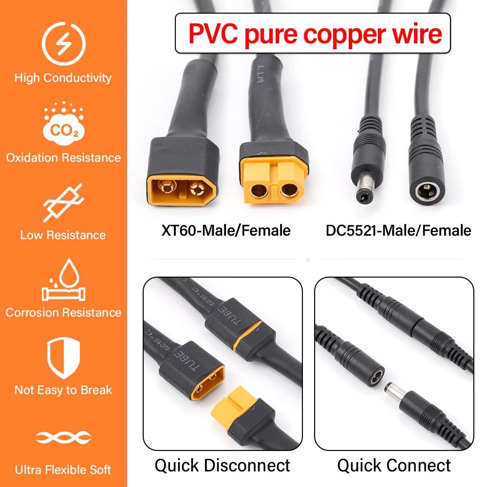 Power Cable Adaptor Solar Connection Line XT60 Male/Female Connector To DC5521 18AWG for Car Battery Charging Adapter Cables