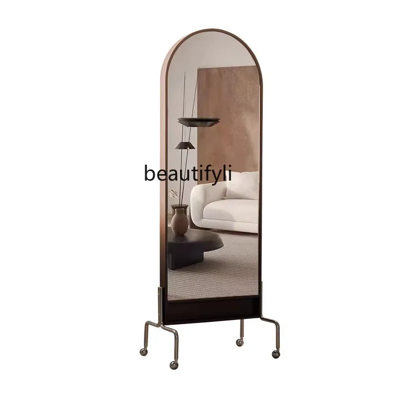 

Retro Solid Wood Dressing Mirror Full-Length Mirror Antique Style Movable Floor Mirror Magazine Rack Full-Length Mirror