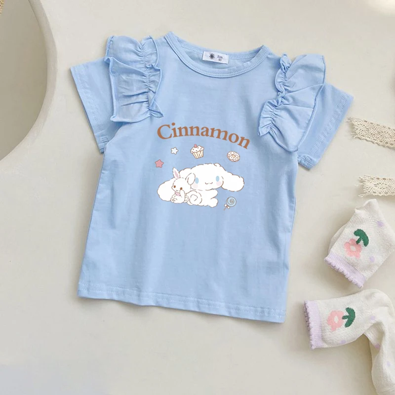 

Sanrios Kuromi Cinnamoroll My Melody Kids Anime T-Shirt Girls Summer Cartoon Cotton Short Sleeve Kids Tops Pom Pom Short Sleeve