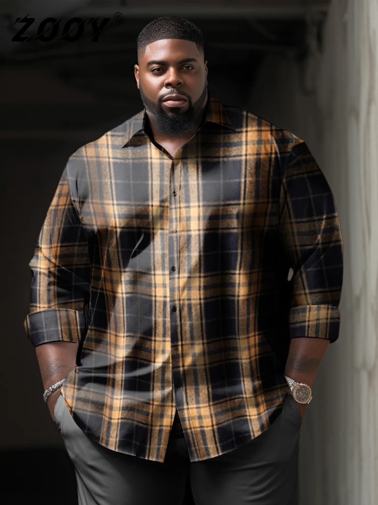 

ZOOY (L-9XL) Men's Plus Size Classic Square Bar Color-Block Printed Long Sleeve Shirt