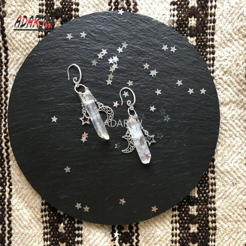 Raw Crystal with Moon and Stars Earrings with Dangle Witch Jewelry Celestial Healing Quartz Handmade Jewelry Women Gift dangle earrings crystal earrings