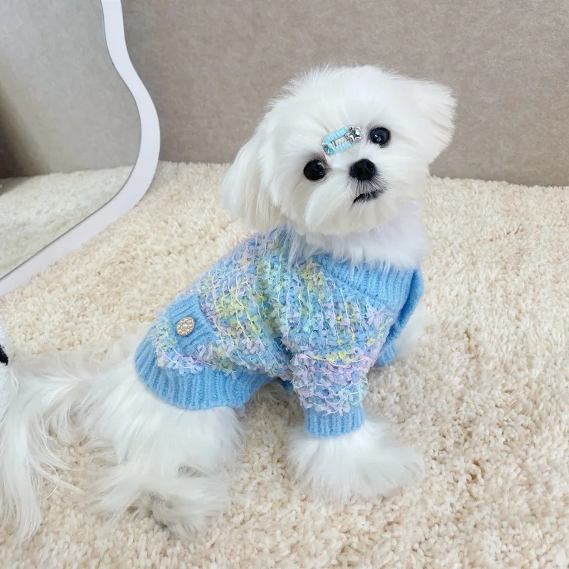 애완동물용 컬러풀한 스웨터, 두꺼운 나비 털실, 니트 가디건 스웨터, 개 고양이, 소형견용 테디 코트, 가을 및 겨울