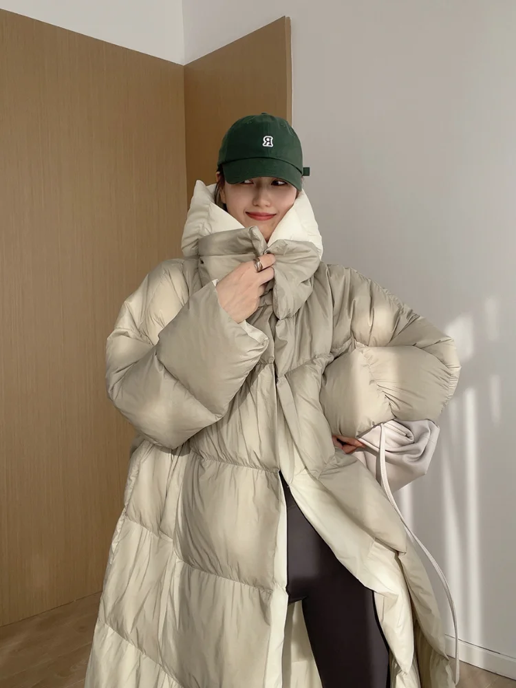 Female Fashion Fake Two-piece Parkas Down Jacket Thick Warm Hooded Long Coat Fluffy White Duck Down Jacket New Winter 2024 2