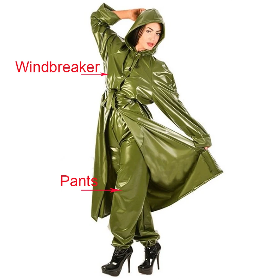 Natürliche Gummi Latex Männer Frauen Armee Grün Lange Windjacke Wind Mantel Hosen mit Kappe Äußere Bekleidungs Handgemachte Kostüme S-LSW037