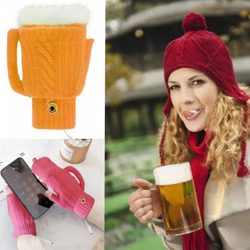 

Gloves Beer Cup Shape Solid Color Skiing Gloves Knitted Gloves Winter Heated Gloves Female Gloves USB Electric Heated Gloves