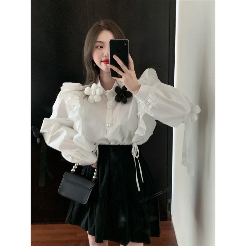 Shirt Women's Three-Dimensional Flower Design Sense Niche Mid-Length White Long Sleeve Shirt Spring and Autumn French Style Ruff