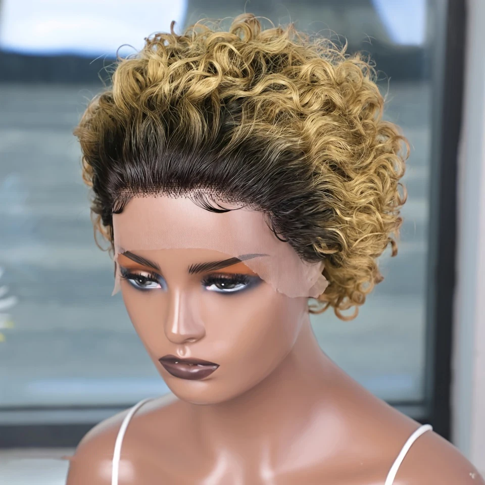 Short Curly Human Hair Wigs Pixie Cut Curly For Women 6 Inch 13x1 Transparent Lace Frontal Wigs Water Wave Orange Color