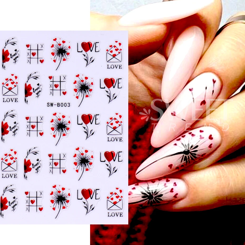 4pcs Love Heart 3D Nail Art Stickers Valentine Design Red Black Geometry Lines Stripe Stars Nail Slider DIY Manicure Decoration