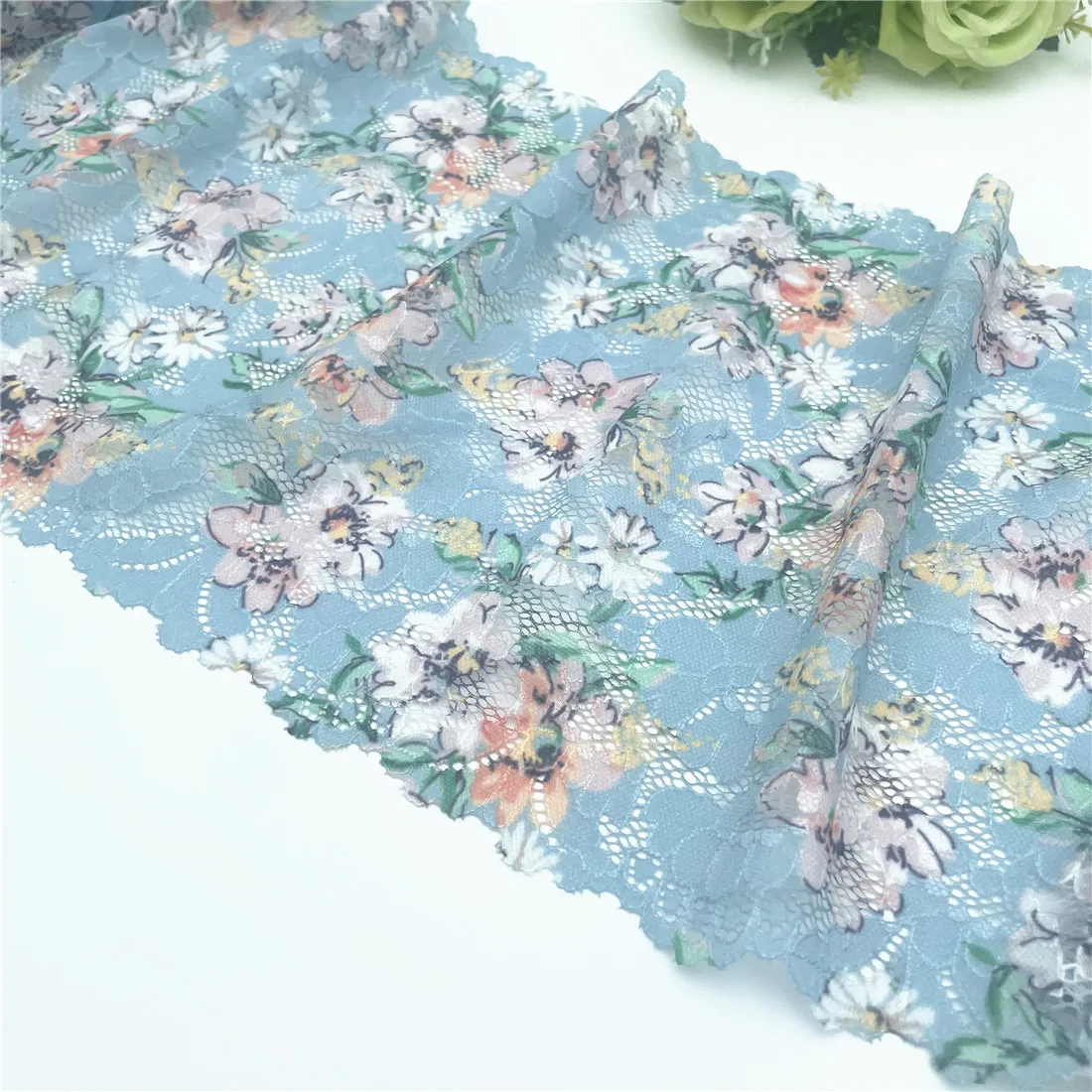 3y/lot Width 24cm Teal Blue Pretty Floral Elastic Lace Trims 4