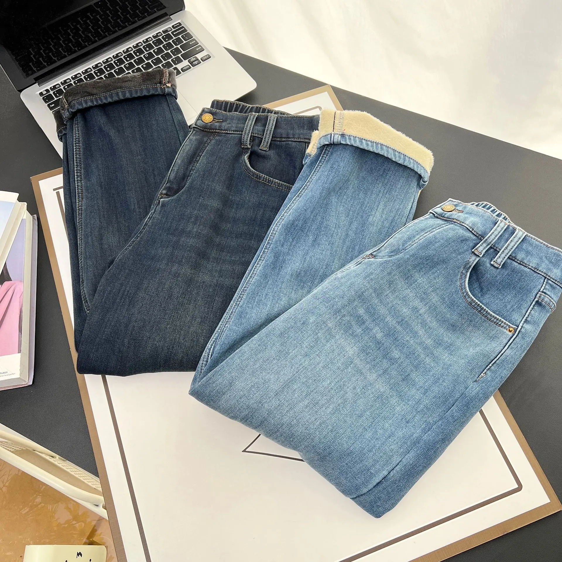 XXXXL Fashion Plus Size Women's Jeans Winter New Style Simple Fleece Warm High Waisted Denim Ankle-Length Harem Pants 6555