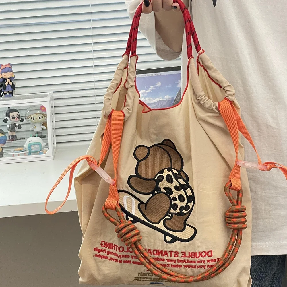 

Bear Embroidery Designer Bag Chain Eco Bags for Women Large Nylon Shopper Purses and Handbags Letter Cartoon Shoulder Bag Tote