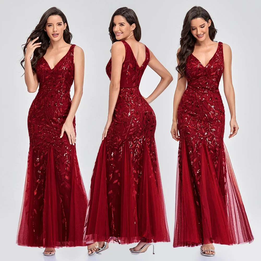 

Ladies Sleeveless Embroidered Beaded Fabric Ballgown V Neck Elegant Little Mermaid Dress Formal Party Dress Abiti Da Sera Robe