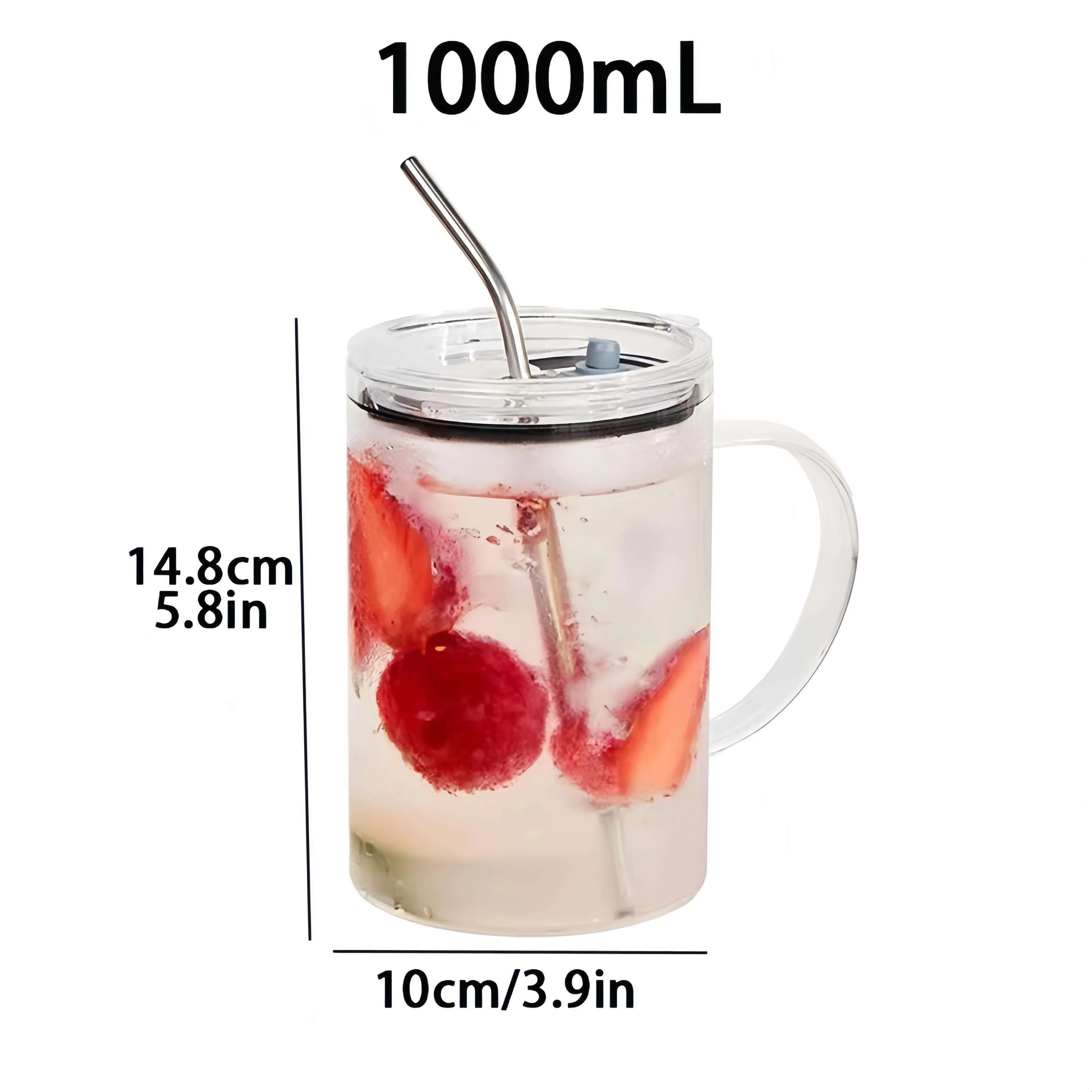 1000ml Glass Mug with Handle/Lid/Straw Transparent Drinking Glasses for Iced Coffee Tea Hot Cold Drinks Korean Style Drinkware - 6