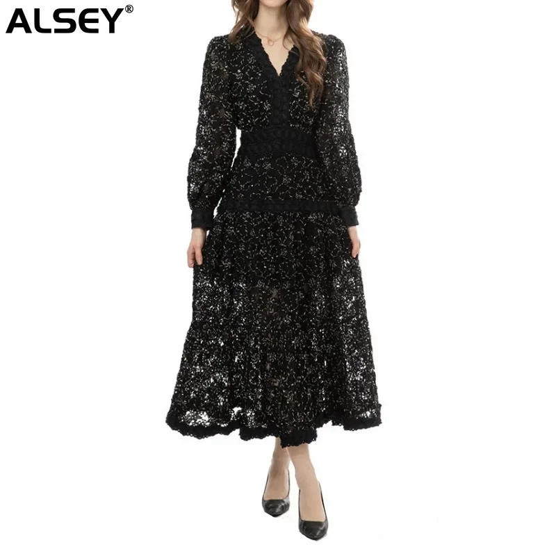 

Women's Dresses Fashion Lace Solid Color Long Sleeve Mid-Length V-Neck A-Line Solid Color Temperament Party Prom DressesNew