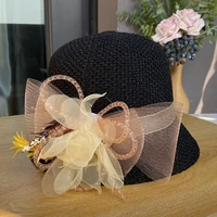 2023 New Fashion Women Party Fedoras Hat Spring Summer Bowler Straw Cap Breathable Knitted Flax Gauze Elegant Flowers Sun Hat 2