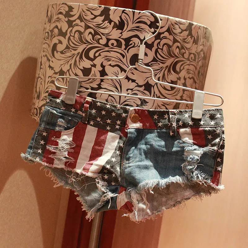 Woman Sexy Low Waist Rise Hot Pants American Flag Print Ripped Denim Shorts Jeans Female Casual Mini Beach Clubwear Booty Summer
