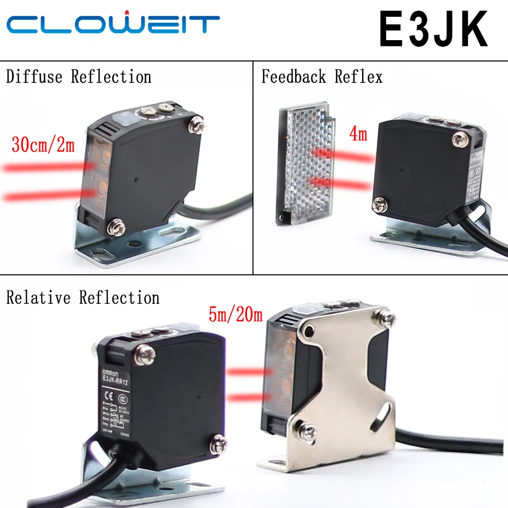 Interruptor Fotoelétrico de Reflexão Difusa E3jk-dr12 Dr11 Rr11 Rr12 Tr11tr12 Sensor Feedback Reflex Reflexão Relativa 30cm 4m 20m