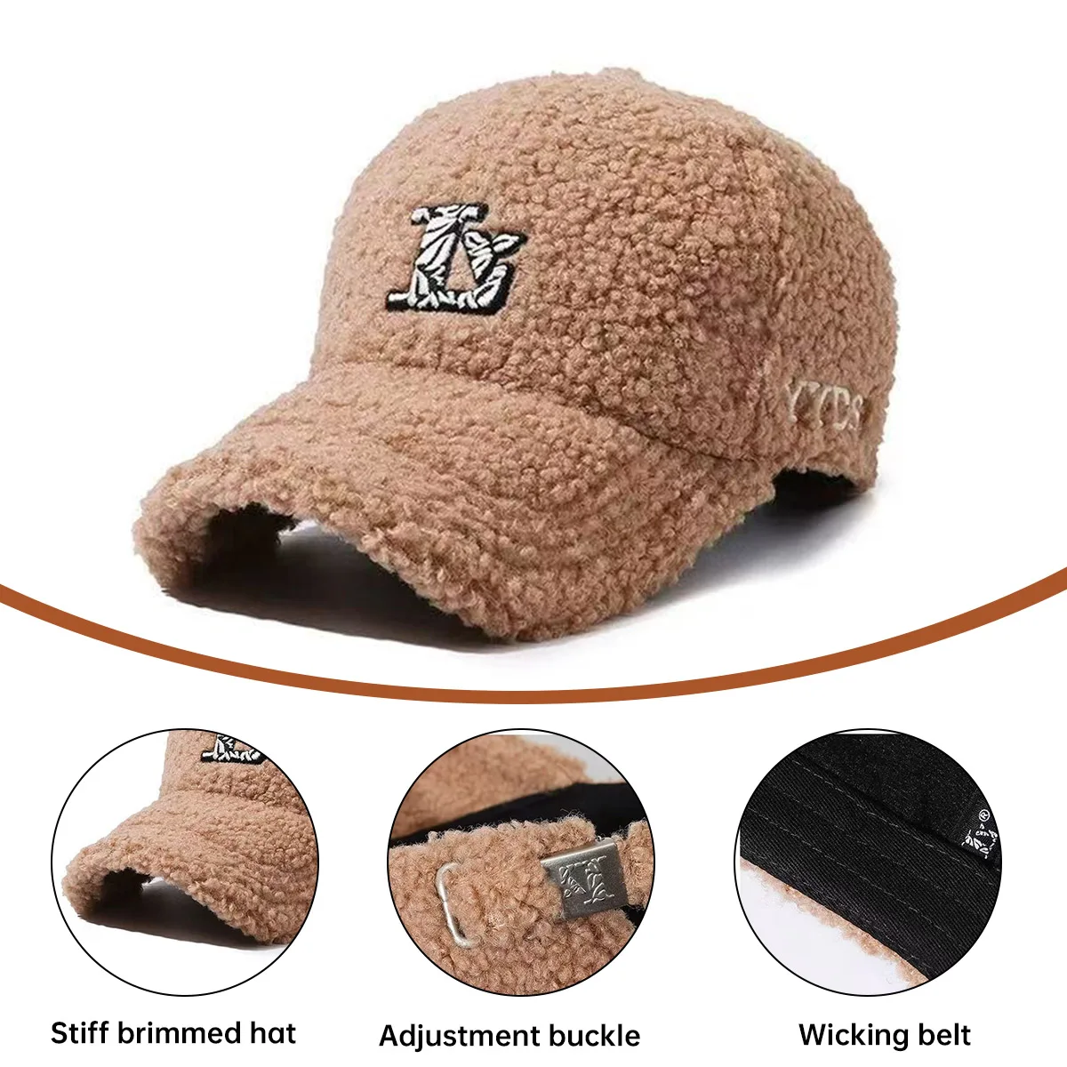 New Lamb Wool Plush Hat for Women, Autumn and Winter, Makes Face Look Smaller, Baseball Cap for Large Head Circumference, Warm Embroidered Thickened Peaked Cap