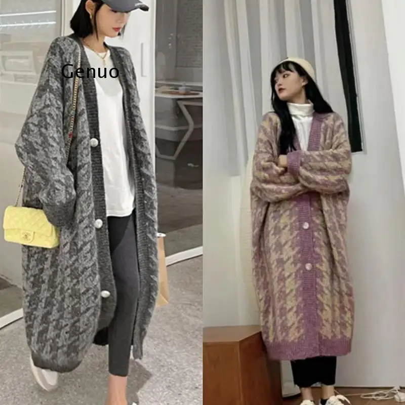 

New Warm Thick Wool Women Outerwear Fashion Elegant Knitted Long Sweater Cardigan Office Female Single Breasted Jackets Street
