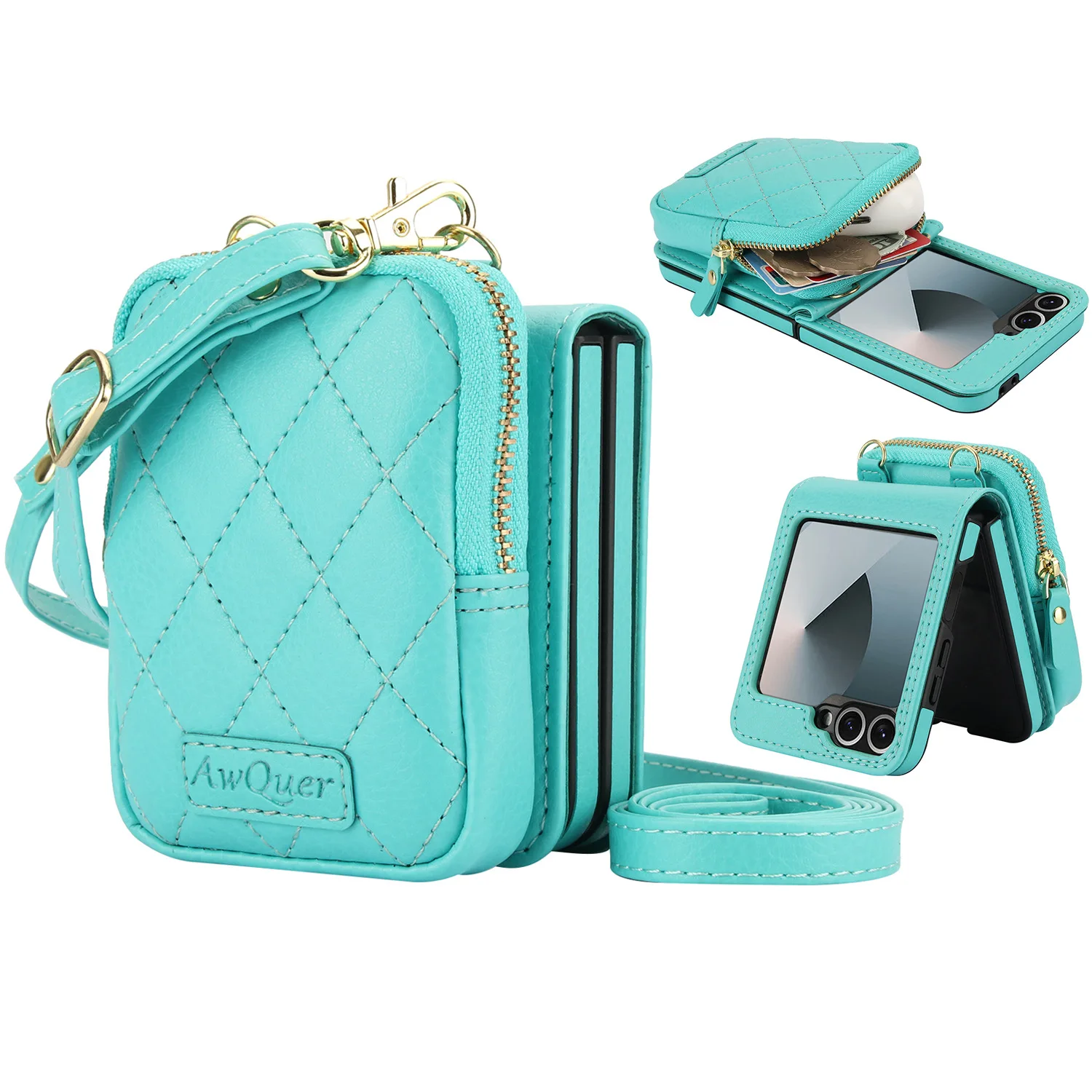 Luxury Crossbody Lychee Leather Wallet Case with Long Lanyard Protective Cover