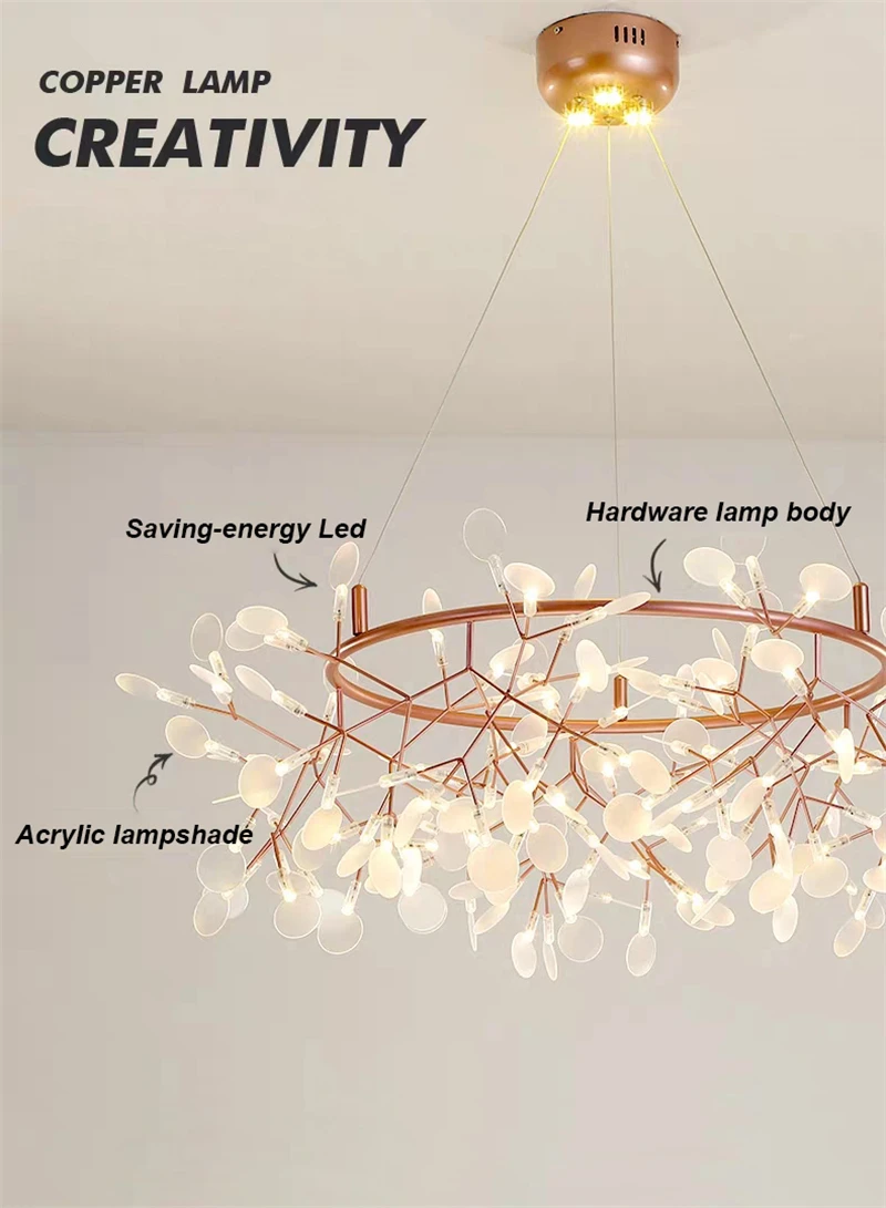 Living Room Chandelier Art Hanging Nordic Modern Kitchen Dining Room Firefly Lamp Rose Gold/Black/Champagne Gold Round Indoor