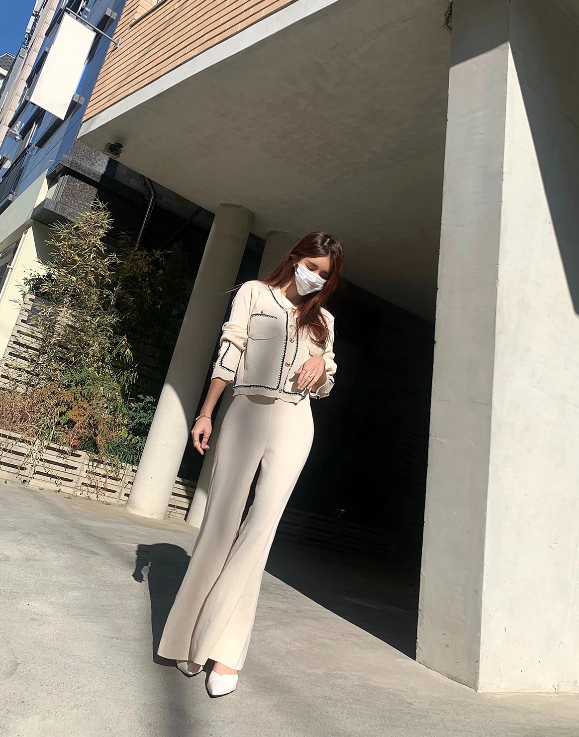 

BULOCHOVA Autumn Winter 2 Piece Sets Patchwork Color Single Breasted Short Tops + Wide Leg Pants Knitted Suits For Women Clothes