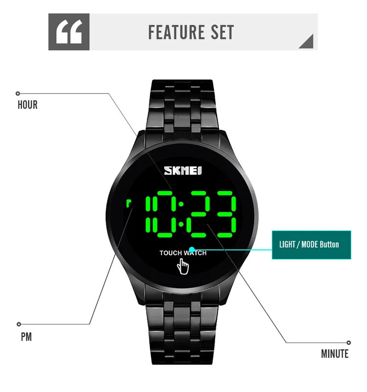 SKMEI Fashion Men Led Light Touch Screen Digital Watches Stainless