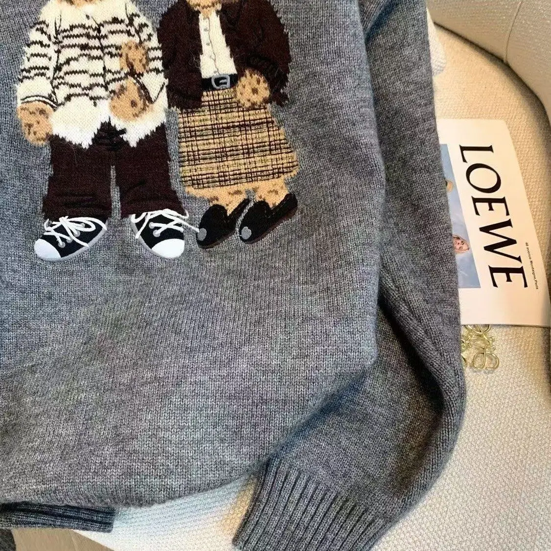 Retro Sweater Bear Jacquard Knitted Sweater Women's Autumn and Winter Loose Slim Casual Round Neck Lazy Style Top 6
