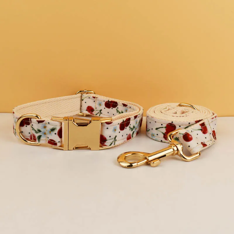 Design Soft Cotton Cherry Printing Pet Accessories Sublimation Dog Collar Leashes Harness Bow Fruit 05