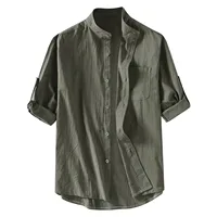 Hot Male Summer Cotton Linen Shirt Solid Casual Oversized Loose Long Sleeve Top Men Turn Down Collar Green Shirts Fashion Blusa - Image 3
