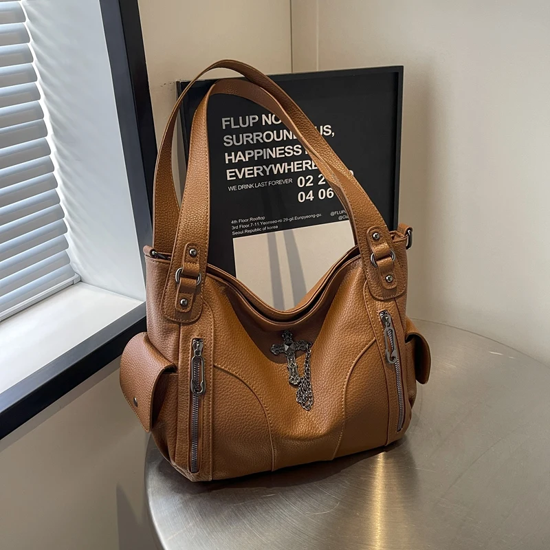 Women PU Hardware Cross Tote Bag Handbag Underarm Bag Large Capacity for Travel Shopping Daily Use