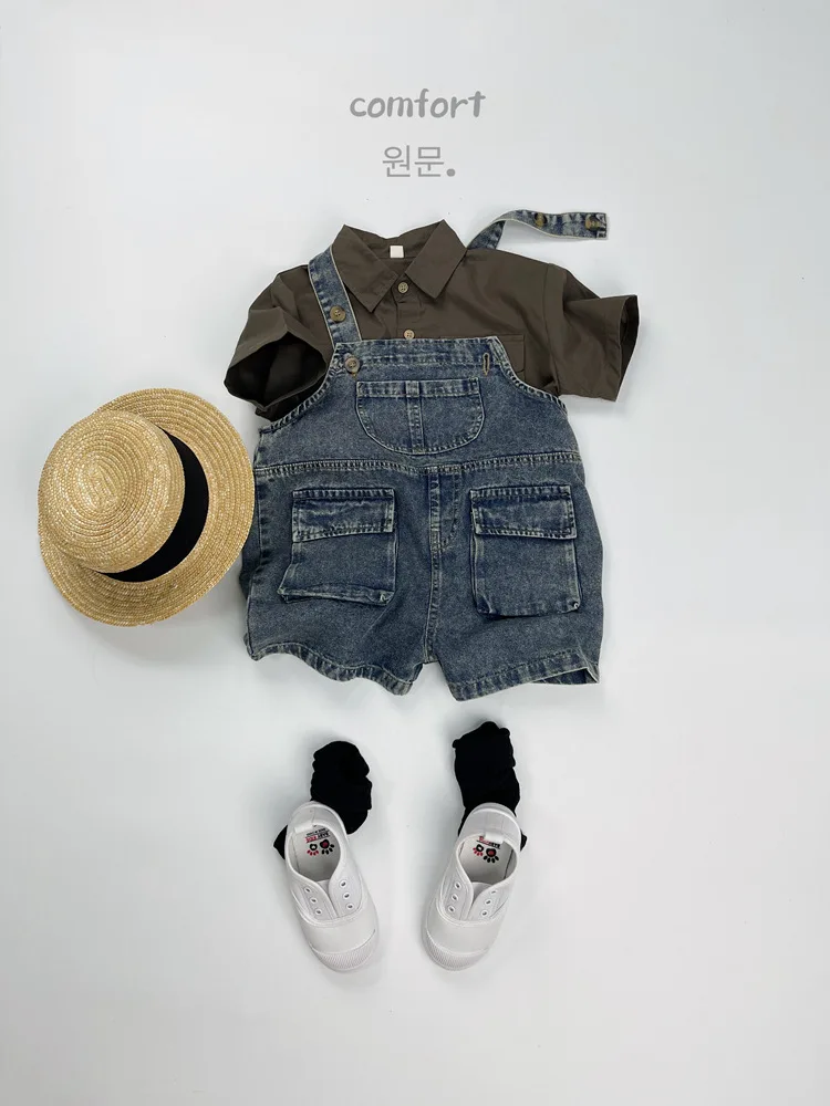 2025 Summer New Vintage Girls Overalls Kids Boys Pocket Denim Strap Pants Children Jeans Shorts Fashion Baby Clothes