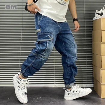 American Streetwear Vintage Multi-Pocket Cargo Jeans For Men Clothing Japanese Harajuku Trend Casual Denim Cropped Pants Male 1