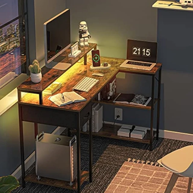 52 Corner Desk, Small Computer Desk with Power Outlets, Gaming Desk with  LED Lights, Home Office Desk with Storage for Small Space, Black 