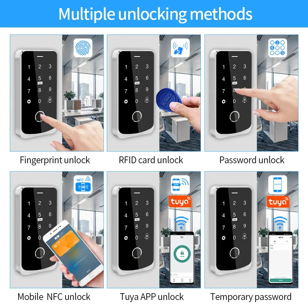 방수 생체 지문 터치 스크린 액세스 제어 키패드, IP65, NFC 블루투스, 투야 앱, RFID IC M1